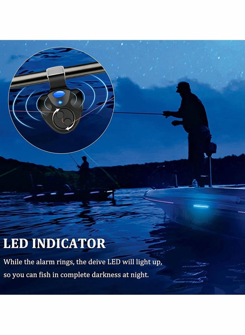 4 PCS Fishing Bite Alarm, Sensitive Electronic Sound Indicator Alert Bell with LED Lights Bells Clip On Rod, Daytime Night Carp Outdoor (Black)