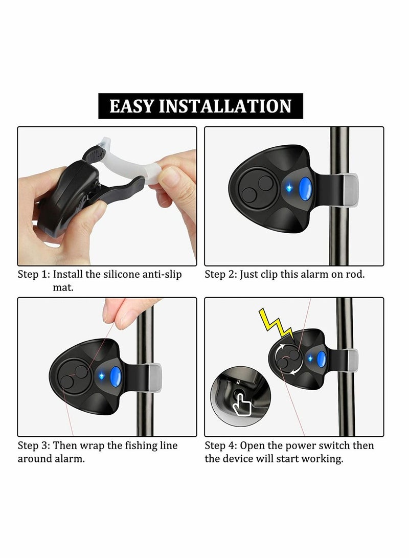 4 PCS Fishing Bite Alarm, Sensitive Electronic Sound Indicator Alert Bell with LED Lights Bells Clip On Rod, Daytime Night Carp Outdoor (Black)