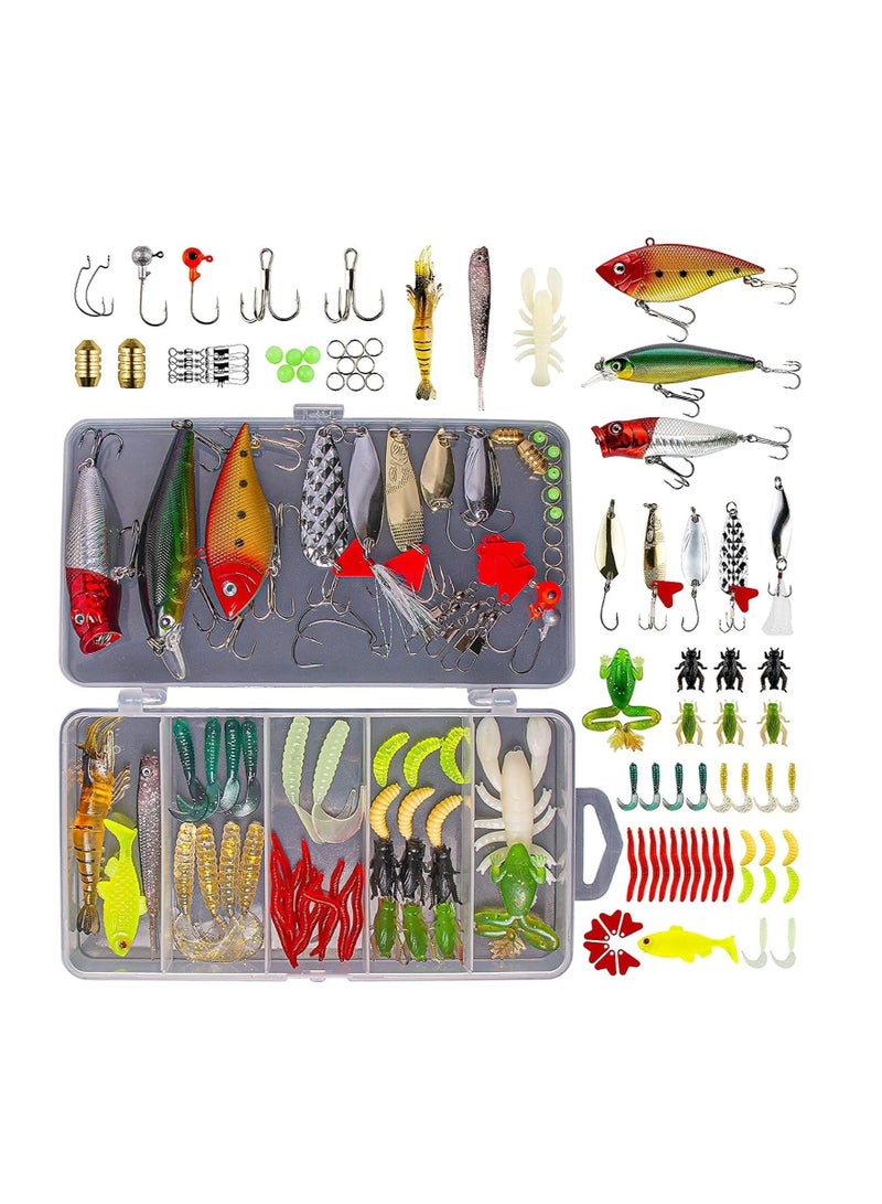 Fishing Lures Kit for Freshwater Bait Tackle Bass Trout Salmon Accessories Box Including Spoon Soft Plastic Worms Crankbait Jigs Hooks