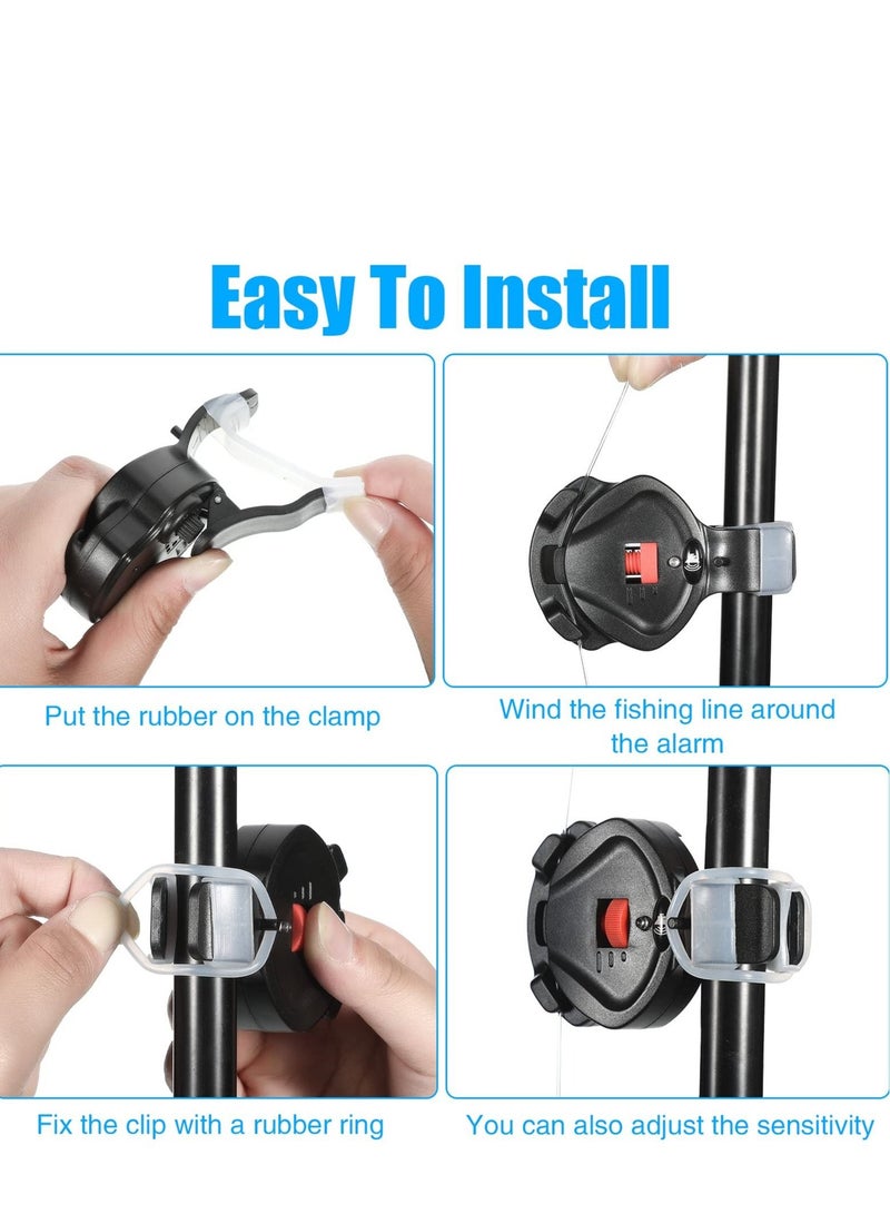 4 PCS Fishing Bite Alarm, Sensitive Electronic Sound Indicator Alert Bell with LED Lights Bells Clip On Rod, Carp Outdoor