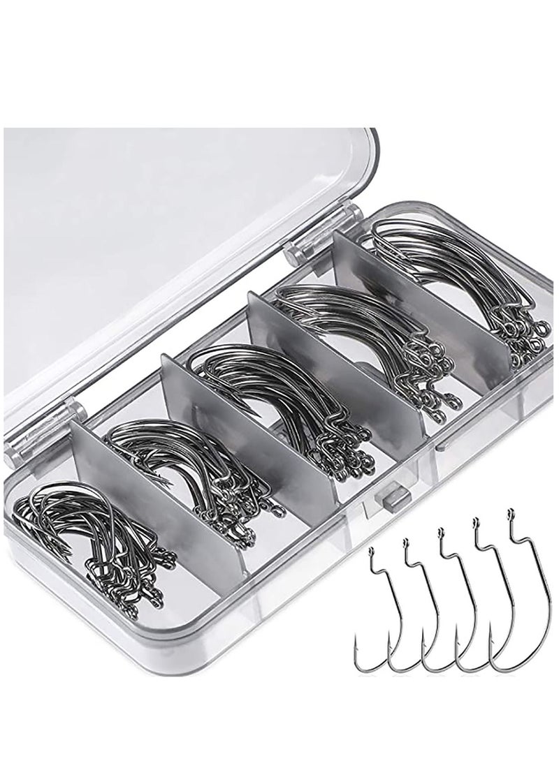 100 Pcs Fishing Hooks, High Carbon Steel Offset Worm Hooks with Plastic Box, Strong Sharp Soft Bait Jig Fish Barbs for Bass Freshwater Saltwater