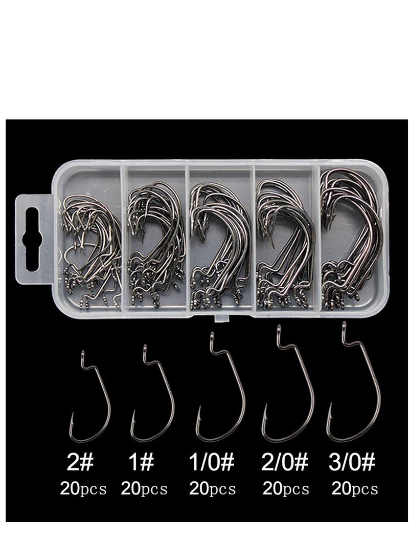 100 Pcs Fishing Hooks, High Carbon Steel Offset Worm Hooks with Plastic Box, Strong Sharp Soft Bait Jig Fish Barbs for Bass Freshwater Saltwater
