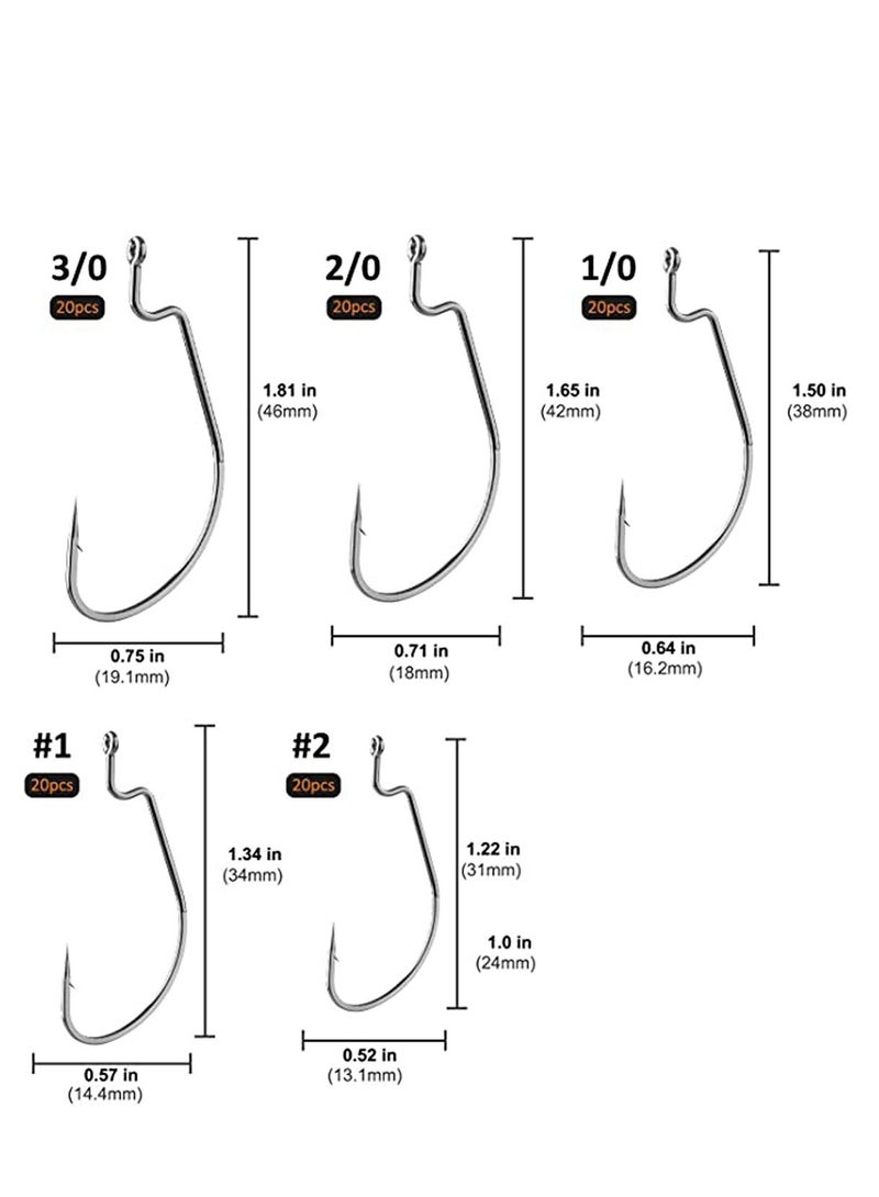 100 Pcs Fishing Hooks, High Carbon Steel Offset Worm Hooks with Plastic Box, Strong Sharp Soft Bait Jig Fish Barbs for Bass Freshwater Saltwater