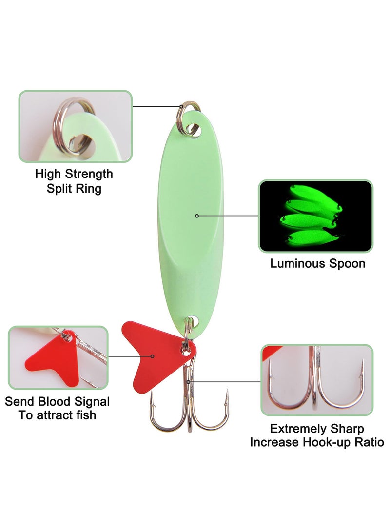 Luminous Fishing Lures Spoons, 10 Pcs Hard Jigging Spinnerbait with Treble Hooks, Metal Spinner Spoon for Saltwater Freshwater