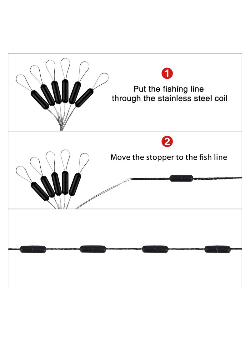 Rubber Bobber Stoppers, Floats for Fishing, Weight Stoppers 1200 Pieces Fishing Beads Stopper, 6 in 1 Black Cylinder Float Sinker Stops