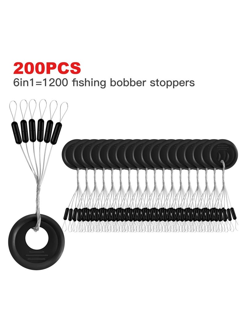 Rubber Bobber Stoppers, Floats for Fishing, Weight Stoppers 1200 Pieces Fishing Beads Stopper, 6 in 1 Black Cylinder Float Sinker Stops