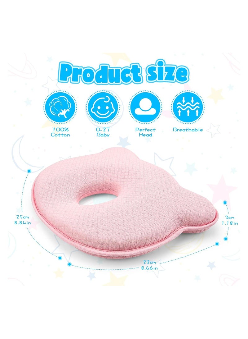 Baby Head Shaping Pillow, Soft and Cozy Pillow for Sleeping, Memory Foam Organic Cotton Cover, Neck Support, Breathable Set Infants & Toddlers (Pink)