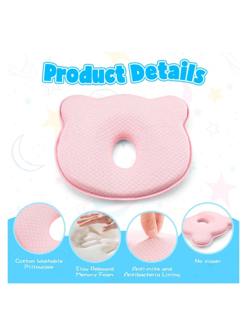 Baby Head Shaping Pillow, Soft and Cozy Pillow for Sleeping, Memory Foam Organic Cotton Cover, Neck Support, Breathable Set Infants & Toddlers (Pink)