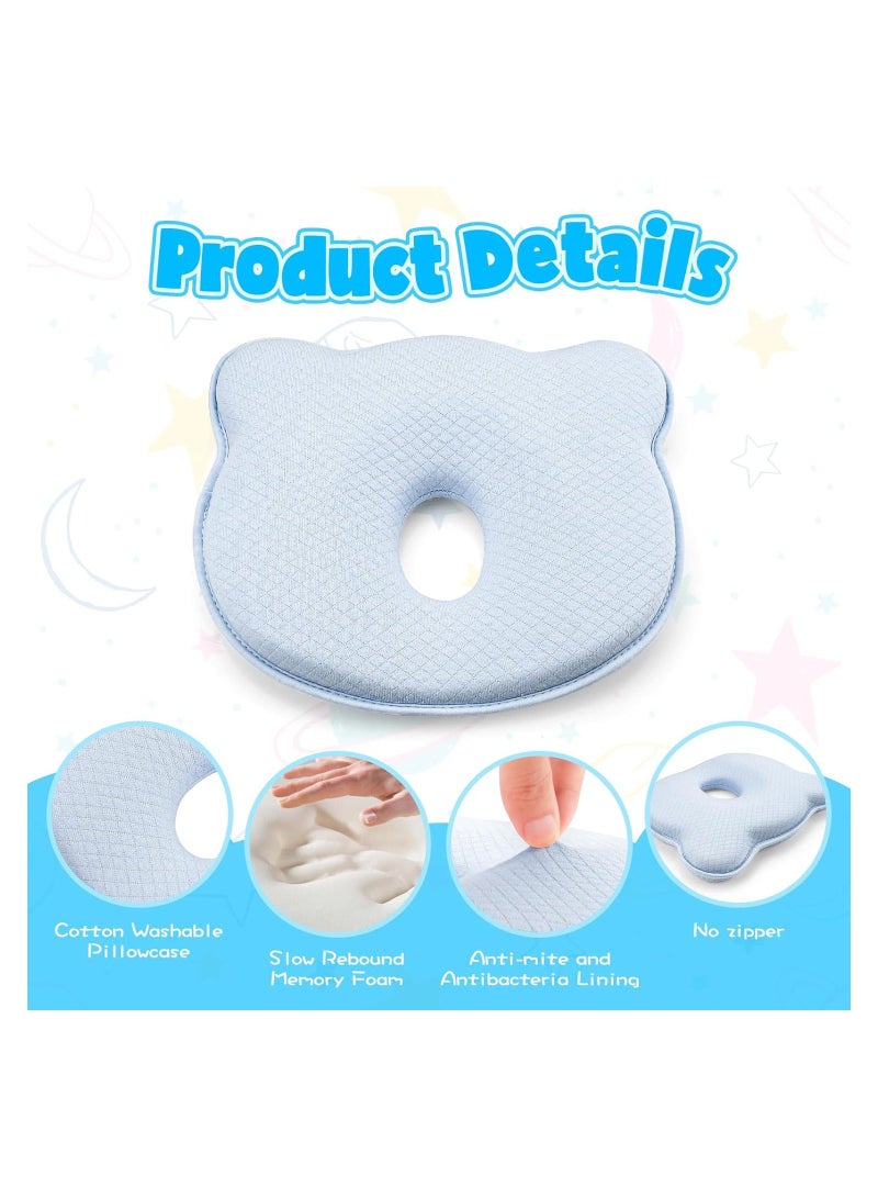 Baby Head Shaping Pillow, Soft and Cozy Pillow for Sleeping, Memory Foam Organic Cotton Cover, Neck Support, Breathable Set Infants & Toddlers (Blue)