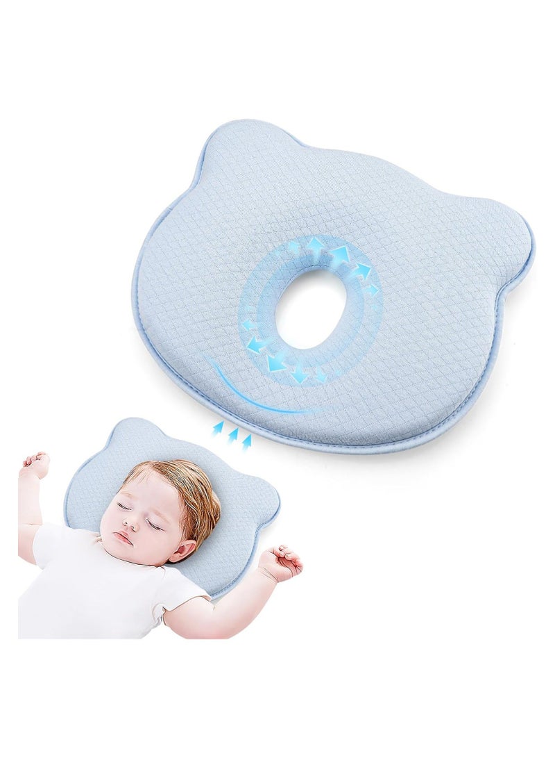 Baby Head Shaping Pillow, Soft and Cozy Pillow for Sleeping, Memory Foam Organic Cotton Cover, Neck Support, Breathable Set Infants & Toddlers (Blue)