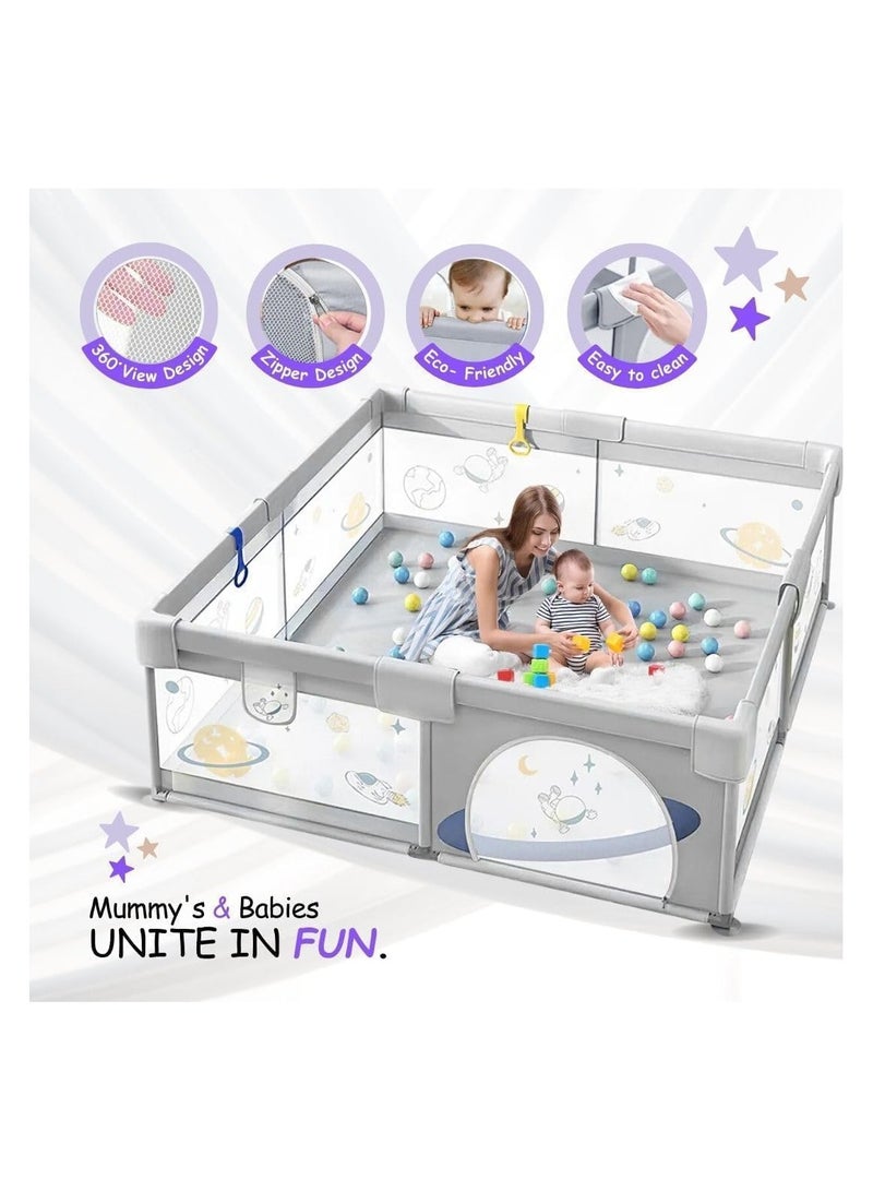 Baby Playpen, 150 x 180 x 68cm Large Play Fence for Baby and Toddlers, Anti-Collision Foam Playard with Ocean Balls and Pull Rings