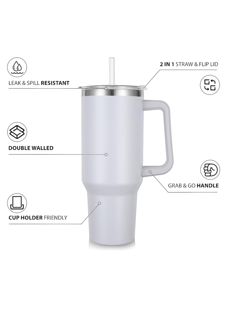 COOLBABY 40 oz (1.2L) Tumbler with Handle and Straw, Insulated Stainless Steel Tumbler with 2 In 1 Lid, Double Vacuum Travel Mug Coffee Cup(White）