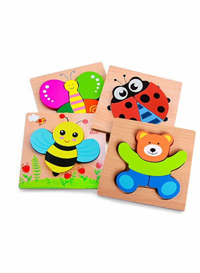 Puzzles 4 Sets Cartoon Animal Colorful Jigsaw Puzzles for Toddler Wooden Puzzle Early Educational Toy Gift for Boys Girls 1 2 3 Years Old