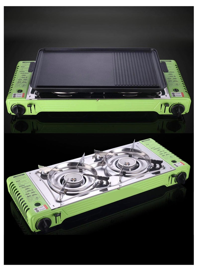 Portable Butane Gas Dual Burner Camping Stove with BBQ Grill Hotplate Burger Tray