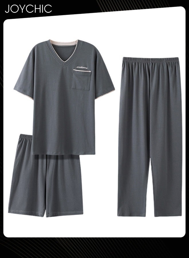 3-piece Classic Spring and Autumn Pajamas Set for Men Modal Skin-friendly Short-sleeved Trousers Sleepwear Cotton Silk V Neck Home Clothes with Pockets Grey
