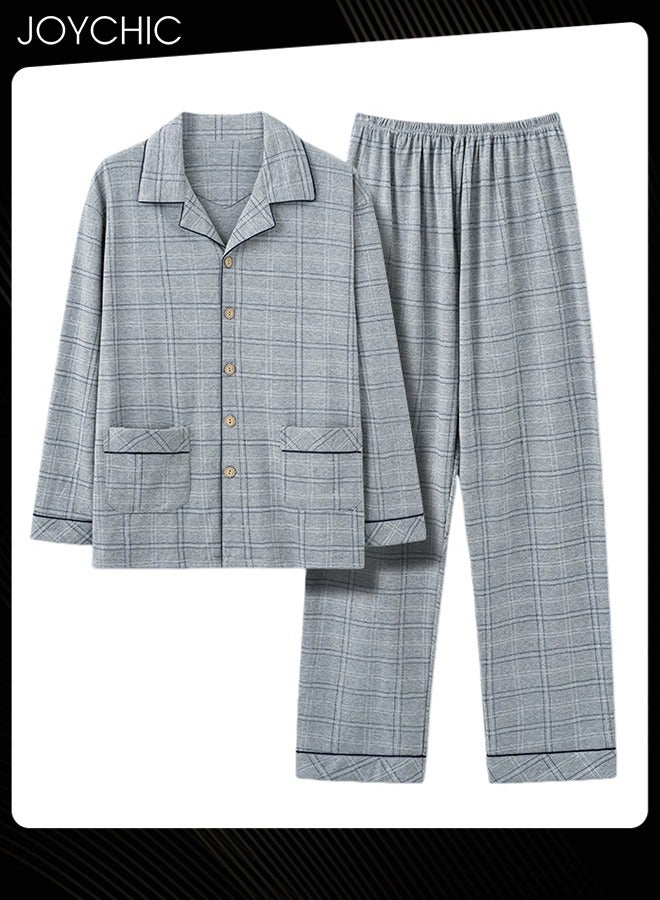 2-Piece of Simple Leisure Men's Pajamas Set Spring and Autumn Pure Cotton Long-sleeved Loose Neckline Design Cardigan Winter Comfortable Bedroom Sleepwear Grey
