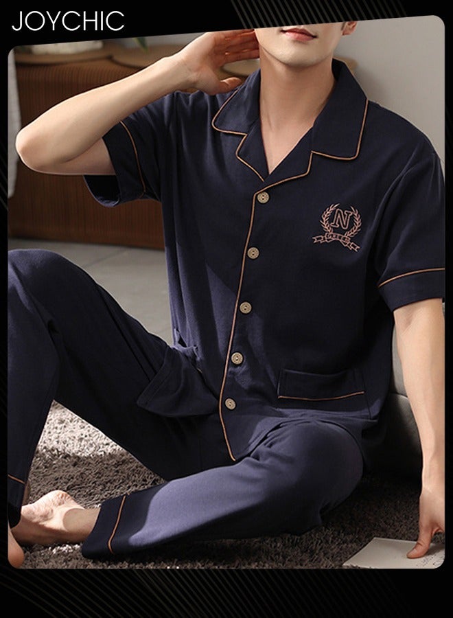 2-piece Leisure Spring Summer Autumn Men's Pajamas Set Pure Cotton Skin-friendly Short-sleeved Trousers Loose Youth Home Nightwear Breathable Cardigan Suit Dark Blue