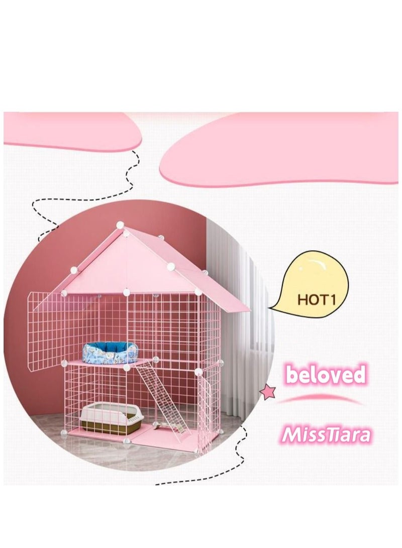 Large Cat Cage Crate With Roof DIY Pet Playpen Indoor Collapsible Home For Small Animals Cat Kennels With Semi-enclosed Sleeping Area Apartment Villa For Kitten Puppy Bunny Exercise