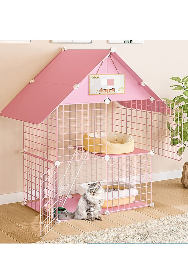 Large Cat Cage Crate With Roof DIY Pet Playpen Indoor Collapsible Home For Small Animals Cat Kennels With Semi-enclosed Sleeping Area Apartment Villa For Kitten Puppy Bunny Exercise