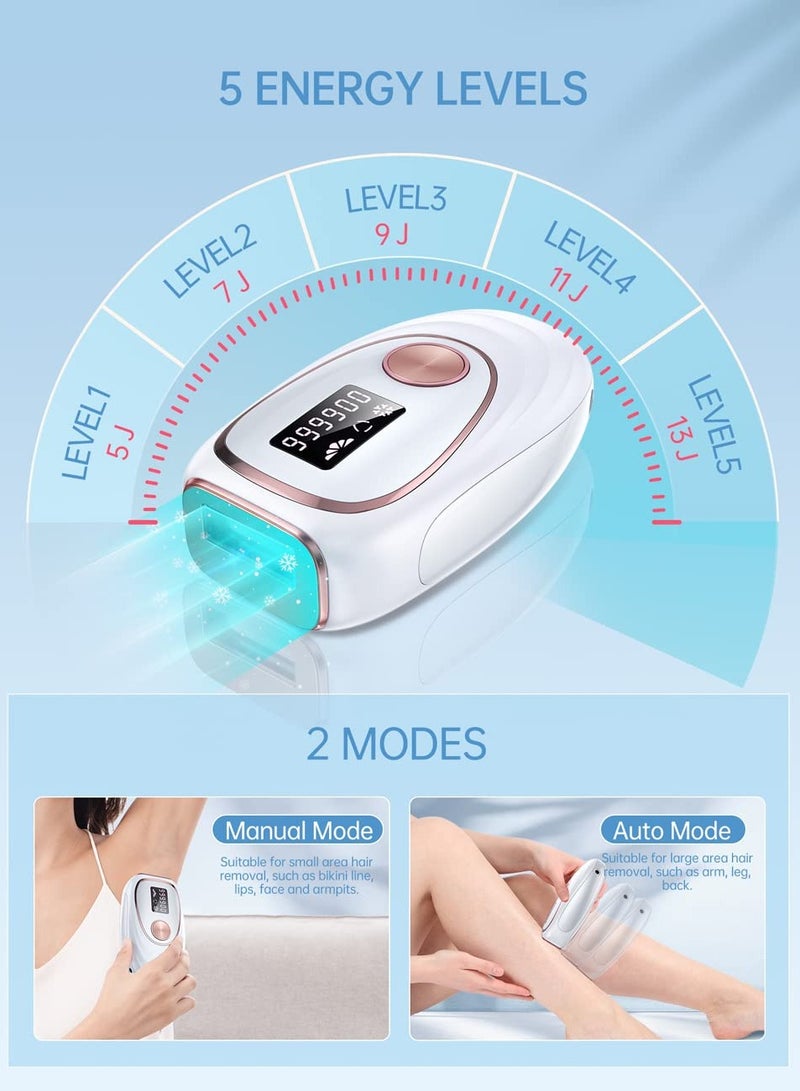 Laser Hair Removal Device Ice Cooling Function for Painless IPL Hair Removal with 999900 Flashes Auto and Manual Mode