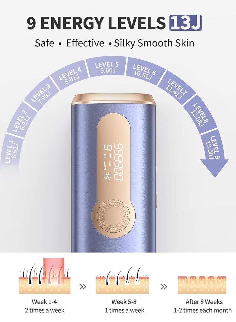 Laser Hair Removal Devices with Cooling System , 3 in 1 At Home Permanent Hair Removal Device 9 Levels Upgrade 999900 Flashes for Face Armpit Arm Bikini Line Leg Whole Body