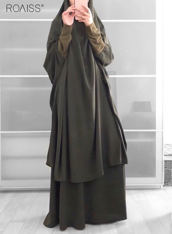 Women's Traditional Wear Loose Suit Casual Hooded Large Hem Circumference Solid Color Gown 2 Piece Classic National Worship Long Sleeve One-Piece Headscarf Abaya Dress Green