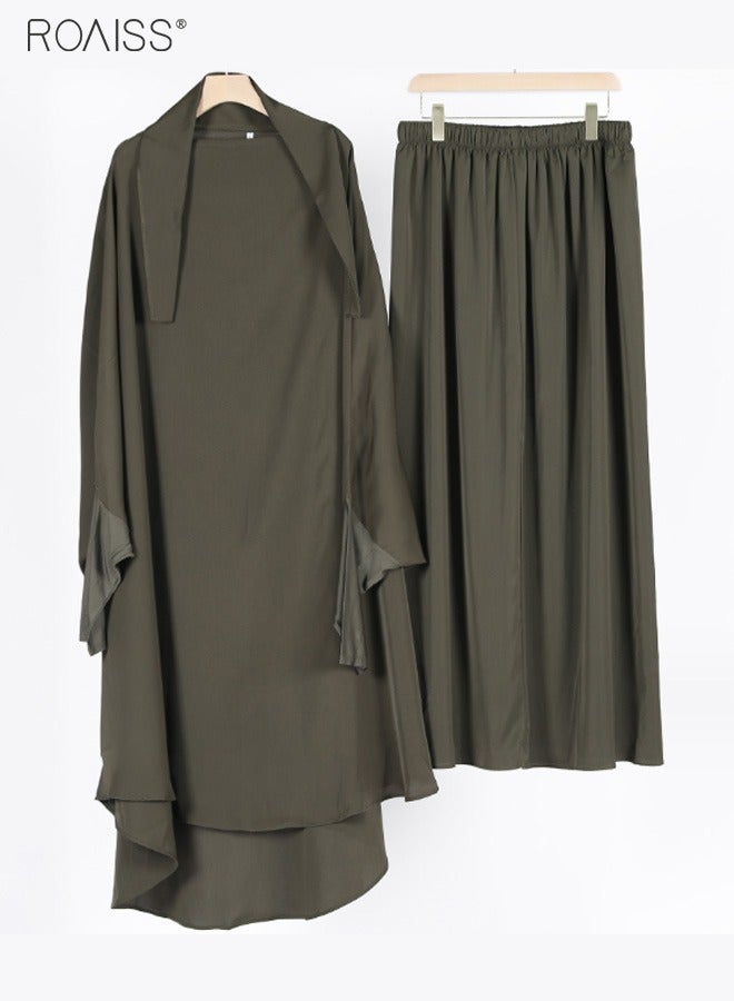 Women's Traditional Wear Loose Suit Casual Hooded Large Hem Circumference Solid Color Gown 2 Piece Classic National Worship Long Sleeve One-Piece Headscarf Abaya Dress Green