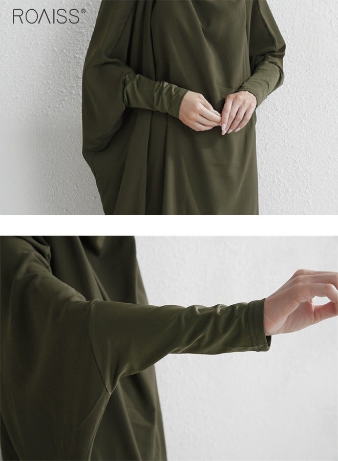 Women's Traditional Wear Loose Suit Casual Hooded Large Hem Circumference Solid Color Gown 2 Piece Classic National Worship Long Sleeve One-Piece Headscarf Abaya Dress Green