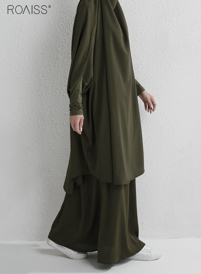 Women's Traditional Wear Loose Suit Casual Hooded Large Hem Circumference Solid Color Gown 2 Piece Classic National Worship Long Sleeve One-Piece Headscarf Abaya Dress Green
