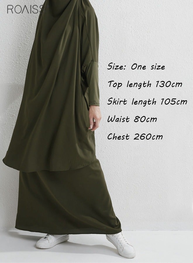 Women's Traditional Wear Loose Suit Casual Hooded Large Hem Circumference Solid Color Gown 2 Piece Classic National Worship Long Sleeve One-Piece Headscarf Abaya Dress Green