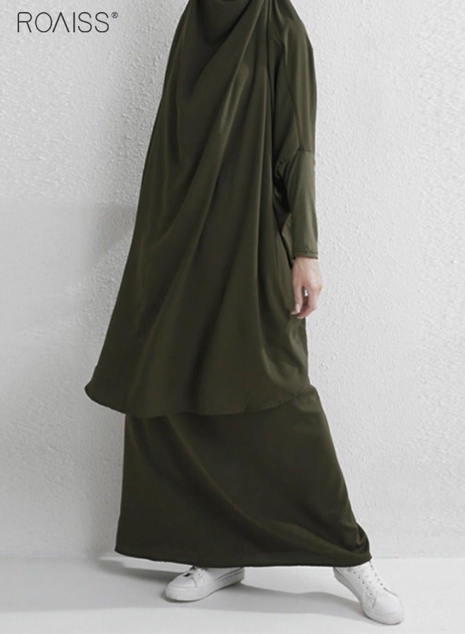 Women's Traditional Wear Loose Suit Casual Hooded Large Hem Circumference Solid Color Gown 2 Piece Classic National Worship Long Sleeve One-Piece Headscarf Abaya Dress Green