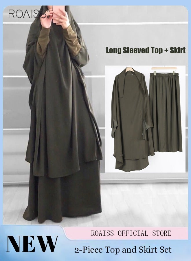 Women's Traditional Wear Loose Suit Casual Hooded Large Hem Circumference Solid Color Gown 2 Piece Classic National Worship Long Sleeve One-Piece Headscarf Abaya Dress Green