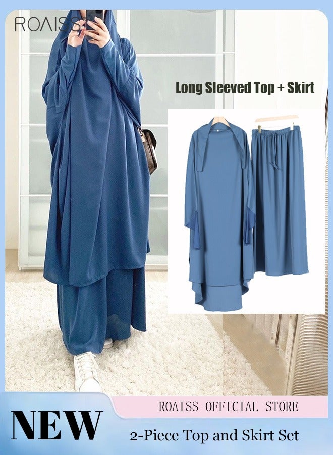 Women's Traditional Wear Loose Suit Casual Hooded Large Hem Circumference Solid Color Gown 2 Piece Classic National Worship Long Sleeve One-Piece Headscarf Abaya Dress Blue