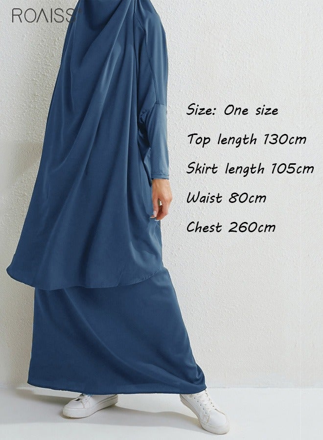Women's Traditional Wear Loose Suit Casual Hooded Large Hem Circumference Solid Color Gown 2 Piece Classic National Worship Long Sleeve One-Piece Headscarf Abaya Dress Blue