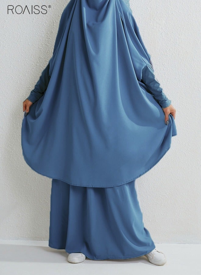 Women's Traditional Wear Loose Suit Casual Hooded Large Hem Circumference Solid Color Gown 2 Piece Classic National Worship Long Sleeve One-Piece Headscarf Abaya Dress Blue