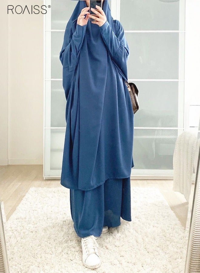 Women's Traditional Wear Loose Suit Casual Hooded Large Hem Circumference Solid Color Gown 2 Piece Classic National Worship Long Sleeve One-Piece Headscarf Abaya Dress Blue