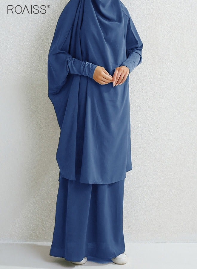 Women's Traditional Wear Loose Suit Casual Hooded Large Hem Circumference Solid Color Gown 2 Piece Classic National Worship Long Sleeve One-Piece Headscarf Abaya Dress Blue