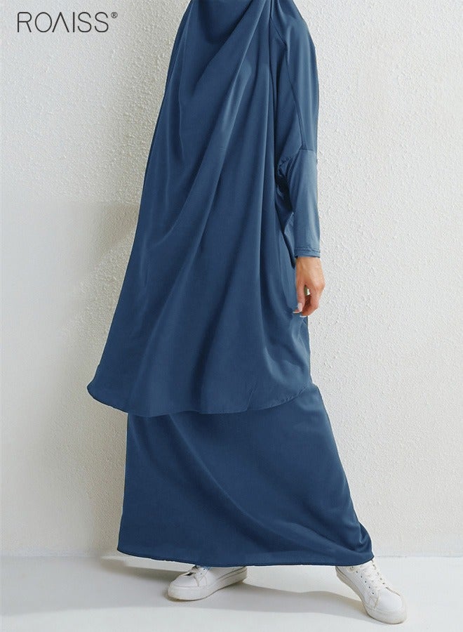 Women's Traditional Wear Loose Suit Casual Hooded Large Hem Circumference Solid Color Gown 2 Piece Classic National Worship Long Sleeve One-Piece Headscarf Abaya Dress Blue