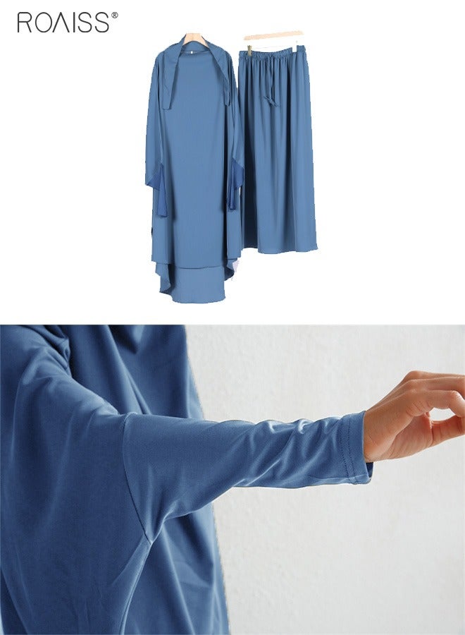 Women's Traditional Wear Loose Suit Casual Hooded Large Hem Circumference Solid Color Gown 2 Piece Classic National Worship Long Sleeve One-Piece Headscarf Abaya Dress Blue