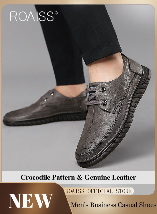 Men Business Casual Shoes Genuine Leather Shoes with Crocodile Pattern Slip Resistant Soft Sole Lace Up Design