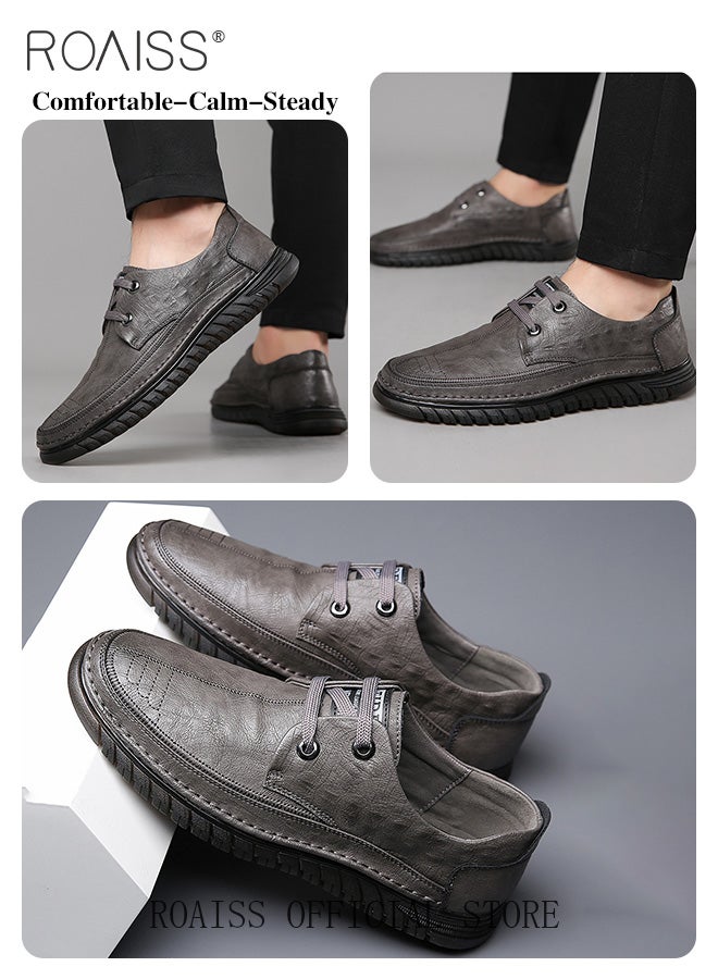 Men Business Casual Shoes Genuine Leather Shoes with Crocodile Pattern Slip Resistant Soft Sole Lace Up Design