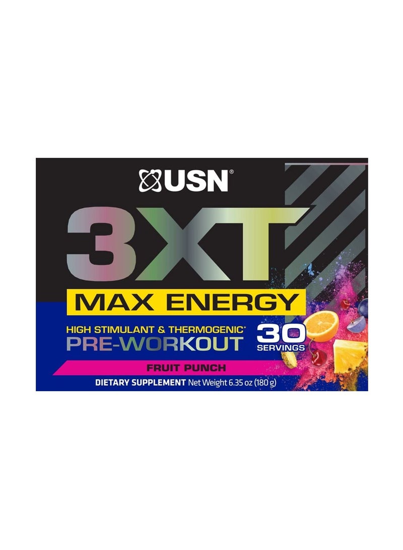 3XT Max Energy, High Stimulant And Thermogenic Pre-Workout, Fruit Punch Flavour, 30Servings