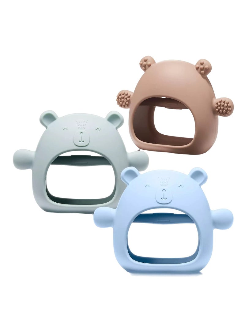 3 Packs Bear Baby Teething Toy Silicone Teething Toys for Babies 3+ Months Anti Dropping Wrist Hand Teethers Baby Chew Toys for Sucking Needs (Blue, Caramel, Green)