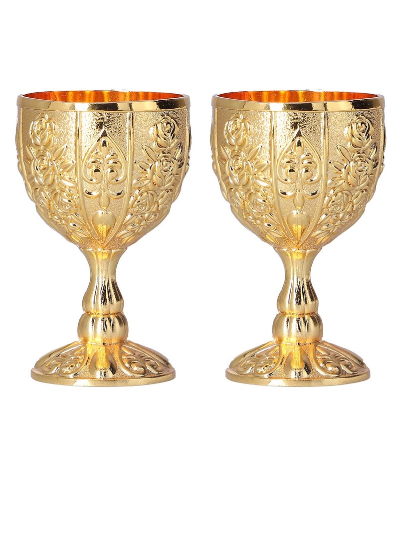 Mini Golden Goblet 2Pcs Retro European Style Gold Goblet Brass Embossed Goblet Cup Solid Metal Embossed Wine Cup Goblet Luxury Embossed Wine Liqueur Cup Shot Glass 30ml Chalice Goblets Gold