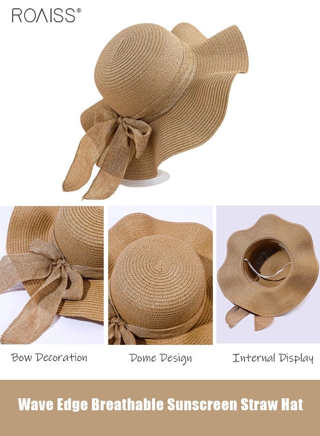 Women's Fashion Sunshade Hat Ladies Lace Hollow Woven Big Brim Beach Hat Ruffle Design Foldable Flower Woven Fisherman Hat for Summer