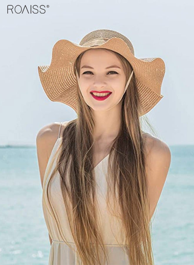 Women's Fashion Sunshade Hat Ladies Lace Hollow Woven Big Brim Beach Hat Ruffle Design Foldable Flower Woven Fisherman Hat for Summer