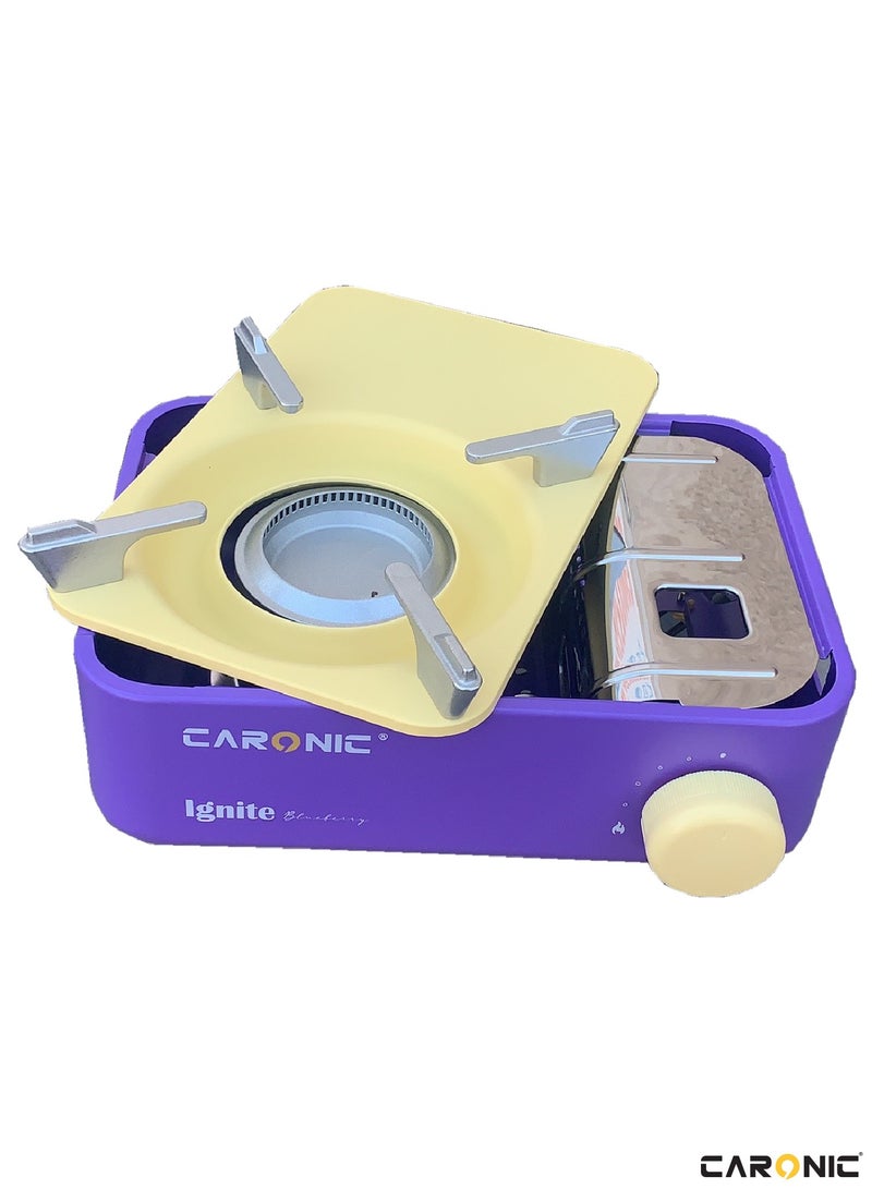 Portable Camping Gas Stove Double Burner Outdoor Automatic Ignition System Enamel Pan Support Purple
