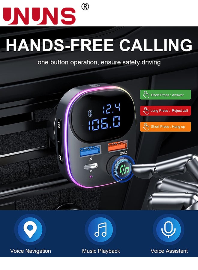 Bluetooth 5.3 FM Transmitter for Car,Bluetooth Car Adapter with Large LCD Screen, PD 20W+QC 3.0, HiFi Deep Bass Sound,Hands-Free Calling,Siri Google Assistant,AUX Output/U Disk