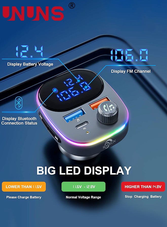 Bluetooth 5.3 FM Transmitter for Car,Bluetooth Car Adapter with Large LCD Screen, PD 20W+QC 3.0, HiFi Deep Bass Sound,Hands-Free Calling,Siri Google Assistant,AUX Output/U Disk