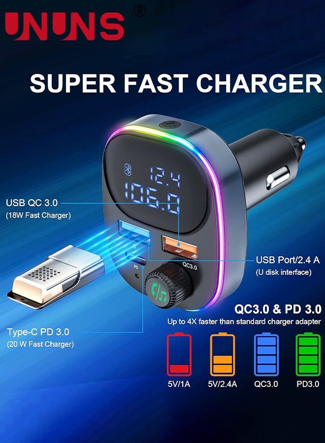 Bluetooth 5.3 FM Transmitter for Car,Bluetooth Car Adapter with Large LCD Screen, PD 20W+QC 3.0, HiFi Deep Bass Sound,Hands-Free Calling,Siri Google Assistant,AUX Output/U Disk